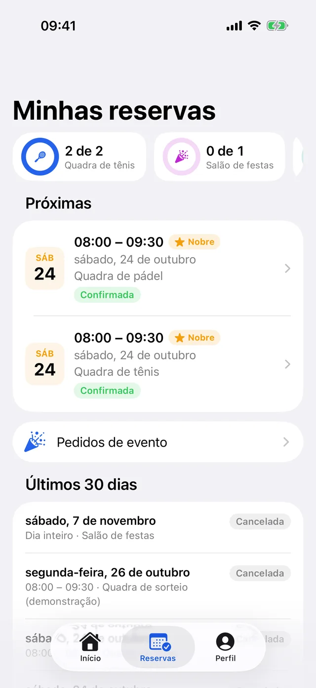 Tela Minhas reservas com as próximas reservas e o uso de cada espaço